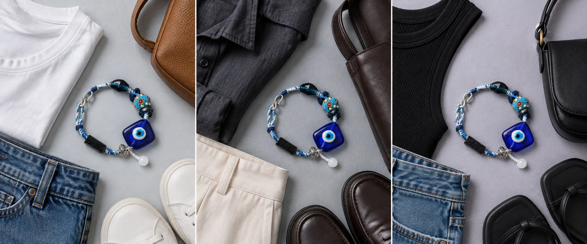 White cotton, easy denim — The Sentinel #15 | Evil Eye & Black Tourmaline Talisman Bracelet