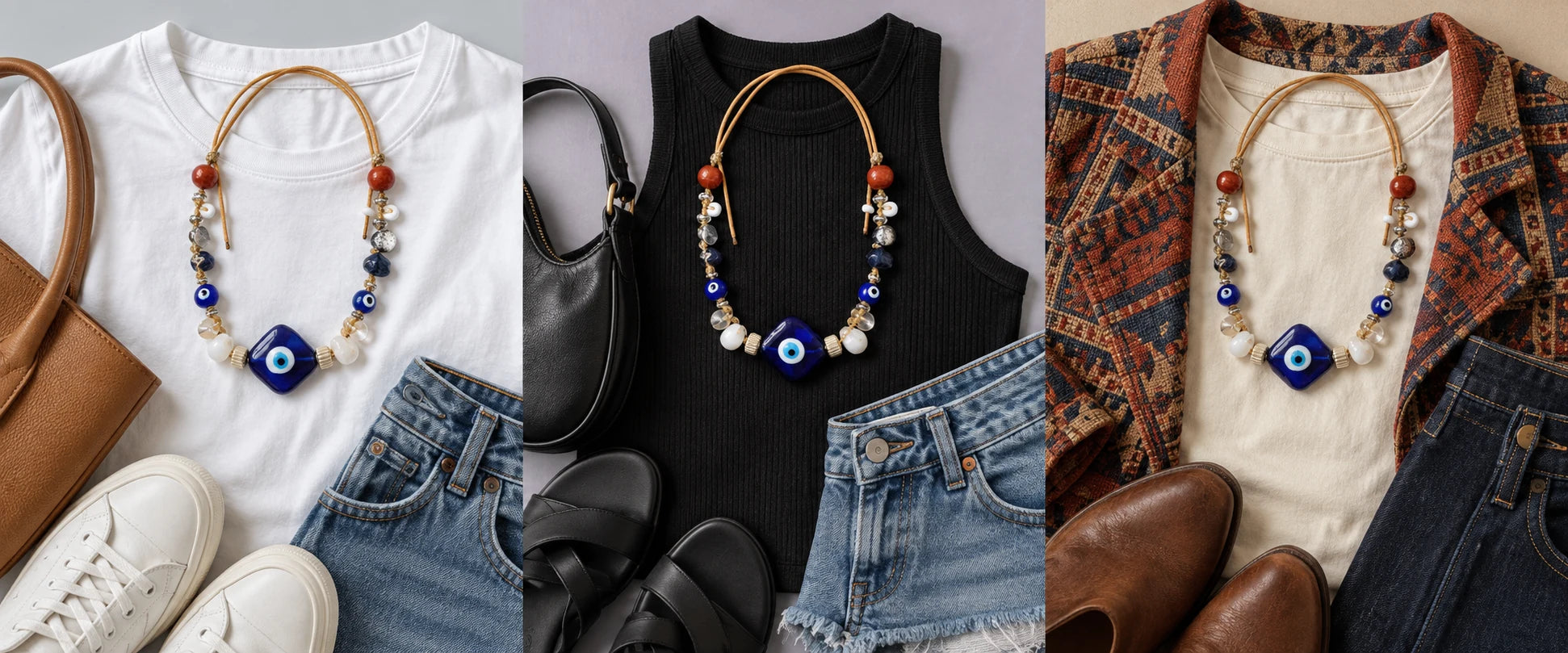 White cotton, easy denim — The Seer #19 | Evil Eye & Raw Sapphire Protection Necklace