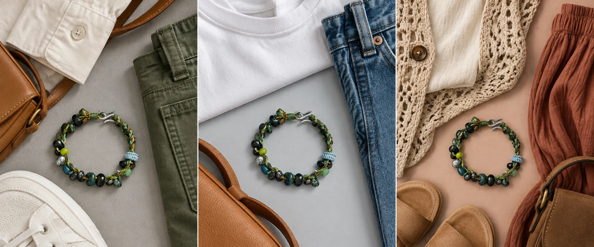 Cream cotton, olive tones — The Earthbound #20 | Rainforest Jasper Grounding Bracelet