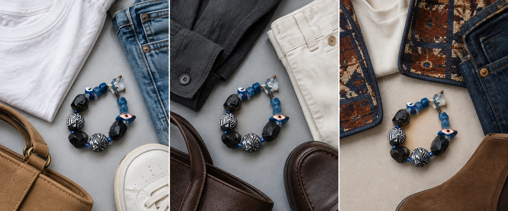 White cotton, easy denim — The Ancestor #31 | Himalayan Smoky Quartz & African Mali Clay Grounding Bracelet
