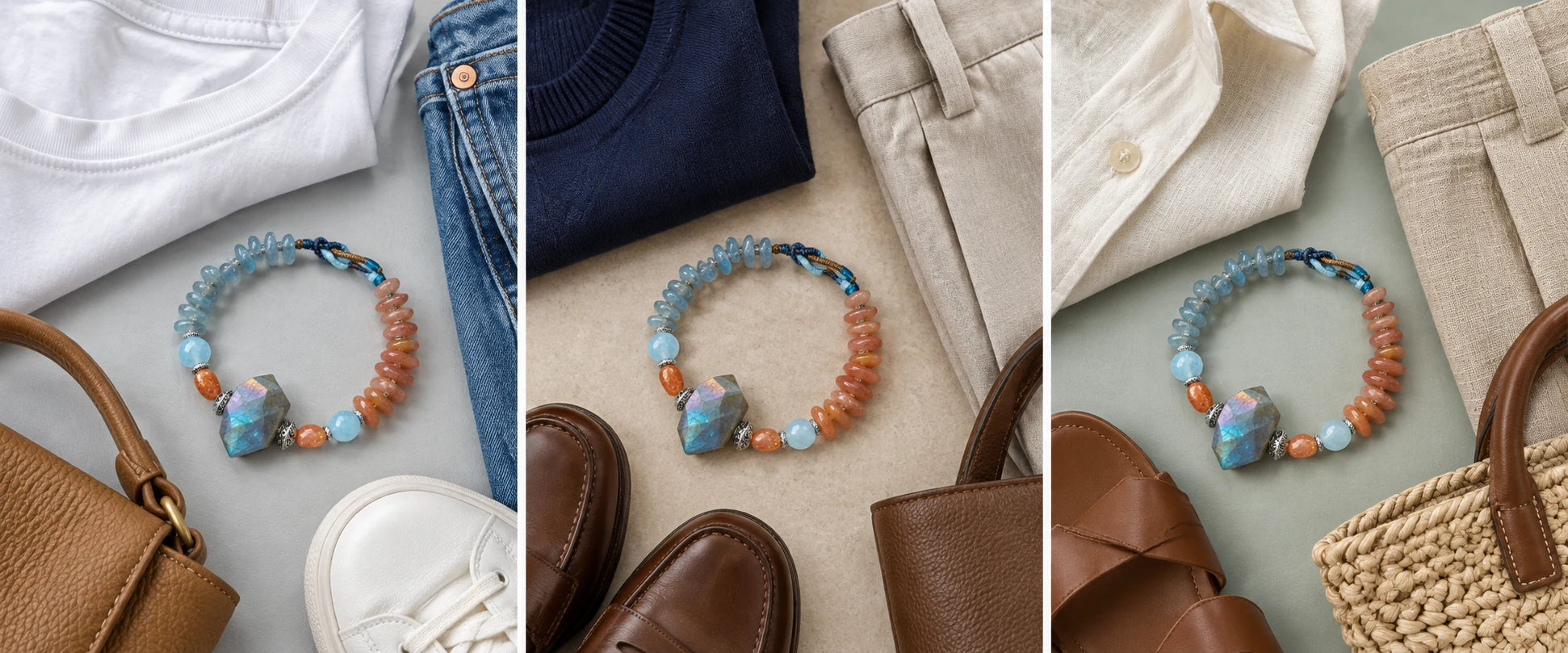 White cotton, easy denim — The Lucent #35 | Labradorite, Sunstone & Blue Moonstone Bracelet