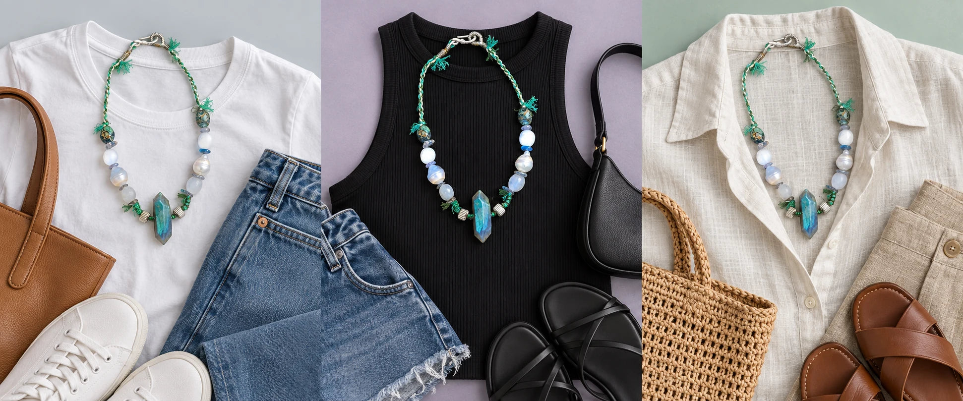 White cotton, easy denim — The Threshold #36 | Labradorite, Baroque Pearl & White Moonstone Choker
