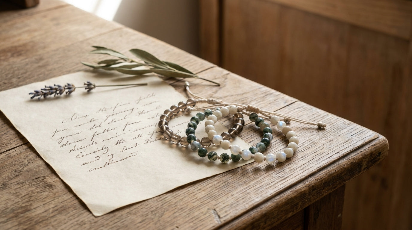 A writing desk with an à la luck talisman and a personal letter