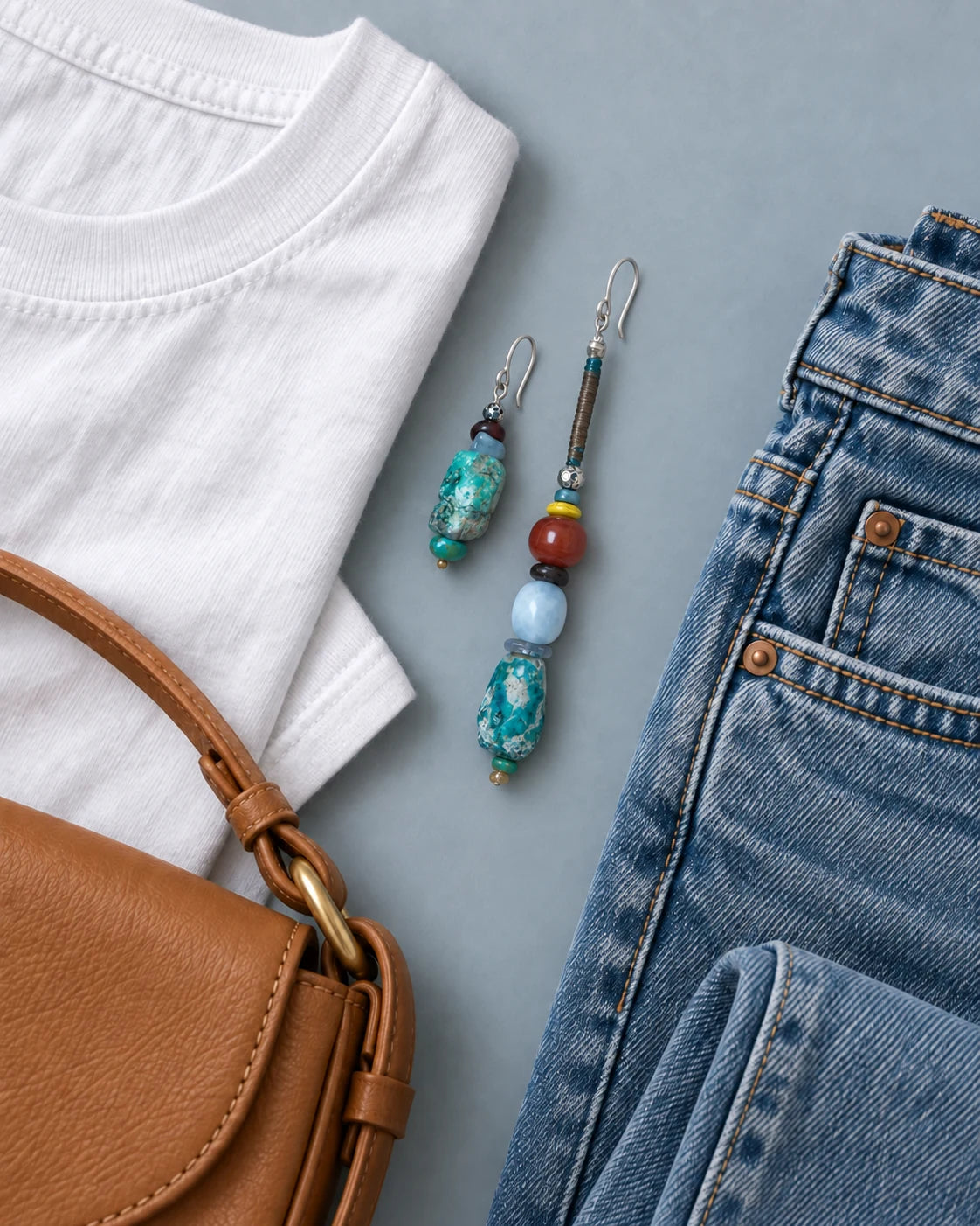 White cotton, easy denim — The Counterpoint #38 | Asymmetric Raw Turquoise Drop Earrings