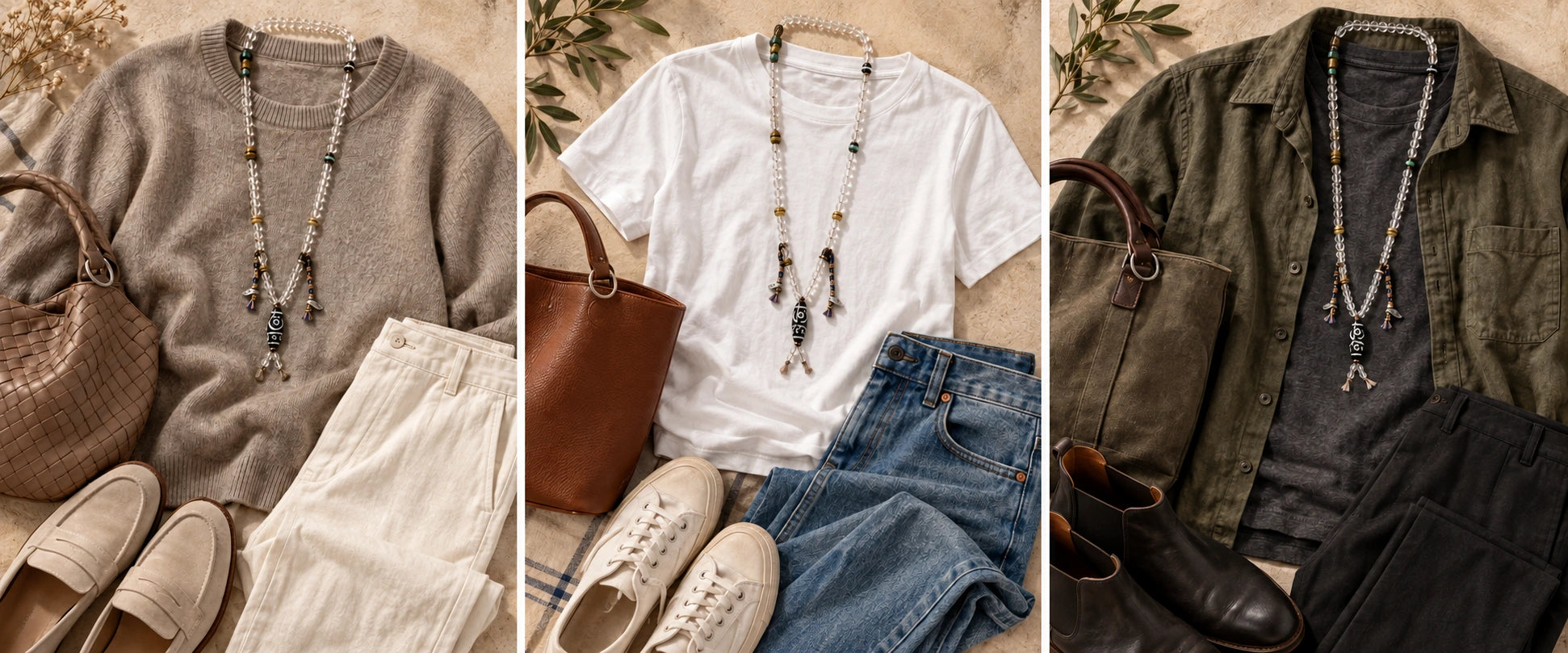 Taupe knit, clear quartz — The Pilgrim #42 | Himalayan Clear Quartz & Dzi Agate 108 Mala