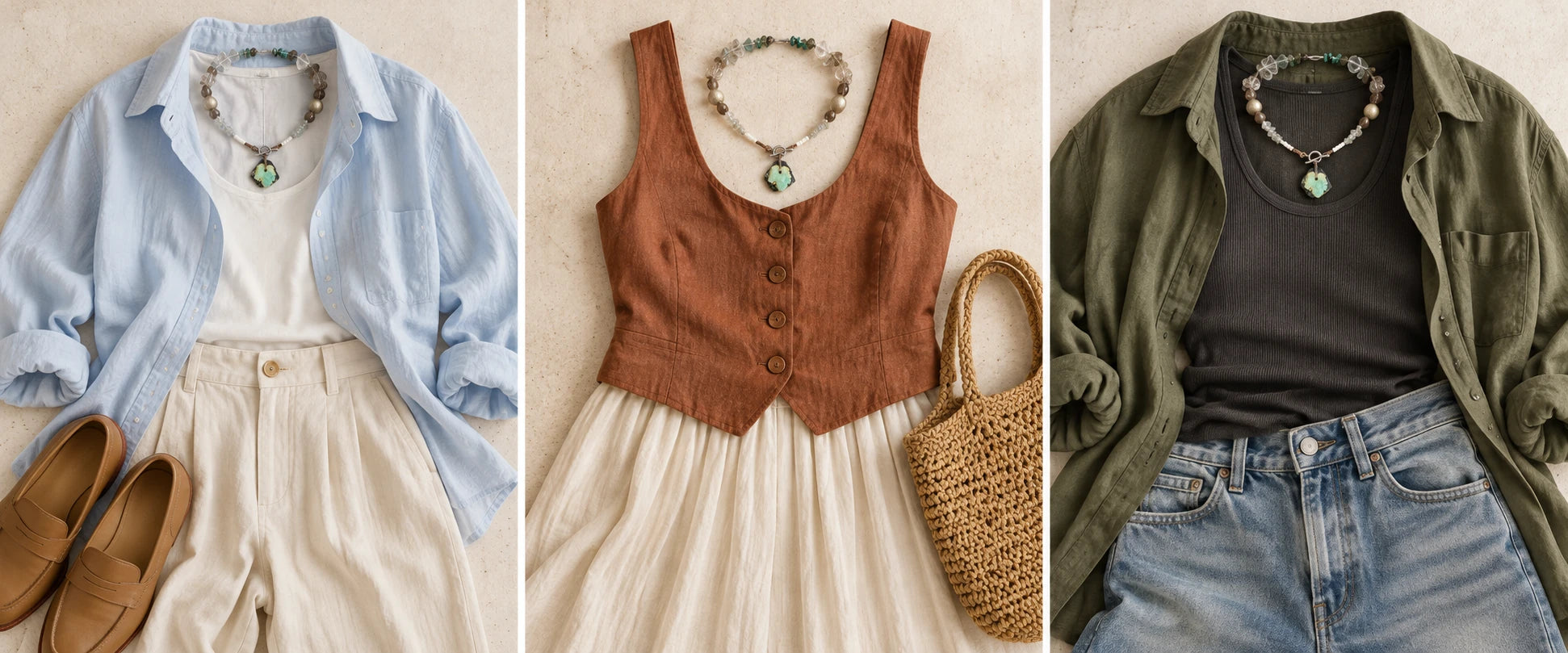 Blue cotton, ecru linen. — The Tidepool #50 | Natural Turquoise & Quartz Necklace
