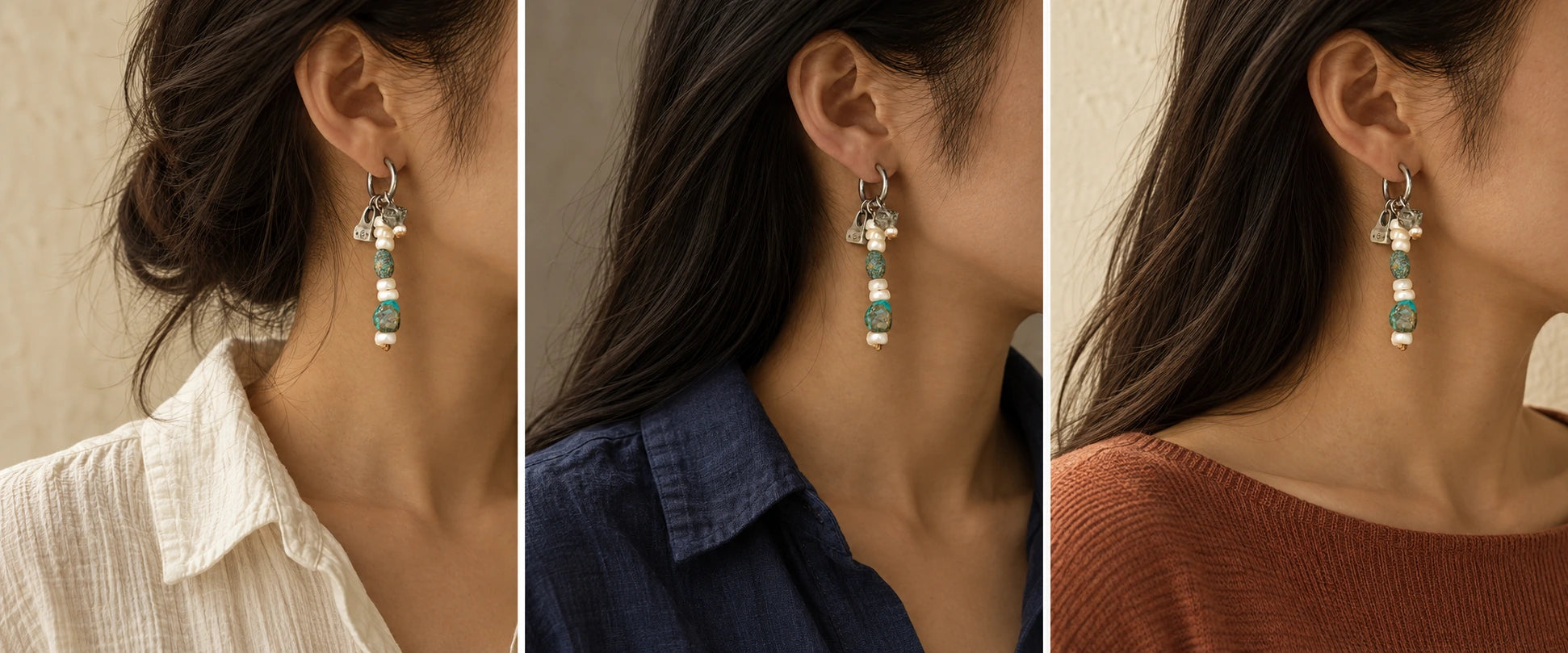Ivory cotton and turquoise. — The Littoral #51 | Natural Turquoise & Pearl Drop Earrings