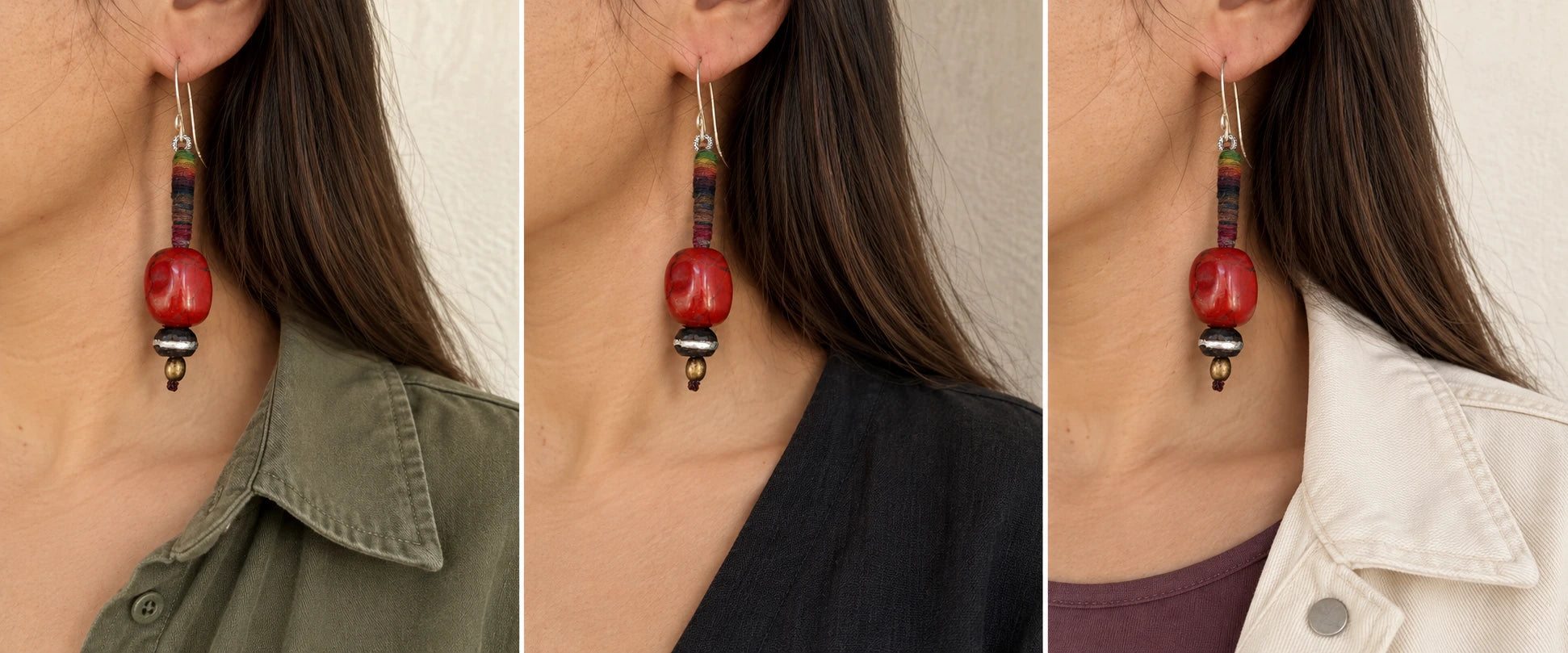 Olive cotton and red jasper. — The Redthread #52 | Red Jasper & Wrapped-Cord Earrings