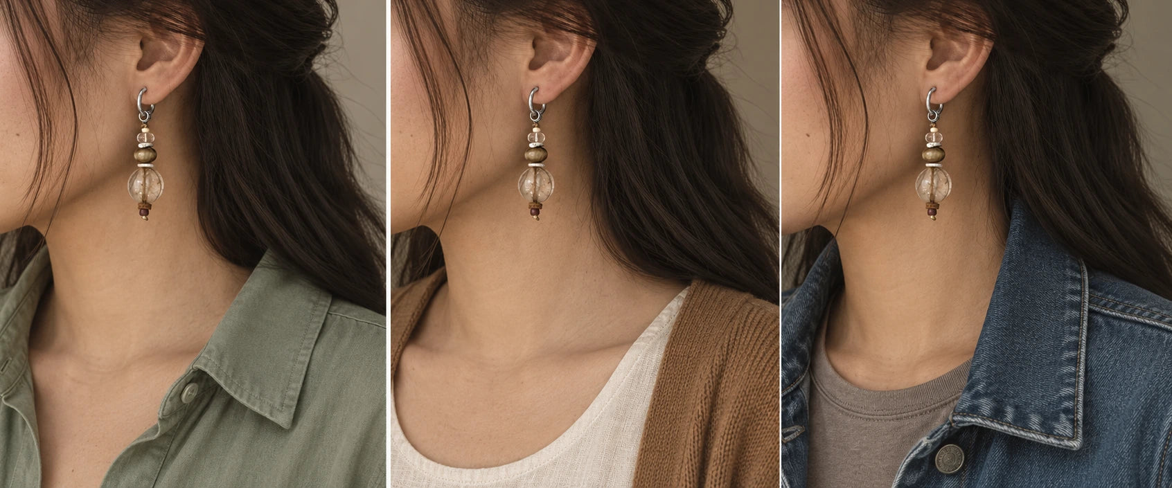 Sage cotton and clear quartz. — The Stillwater #55 | Himalayan Quartz & Agate Drop Earrings