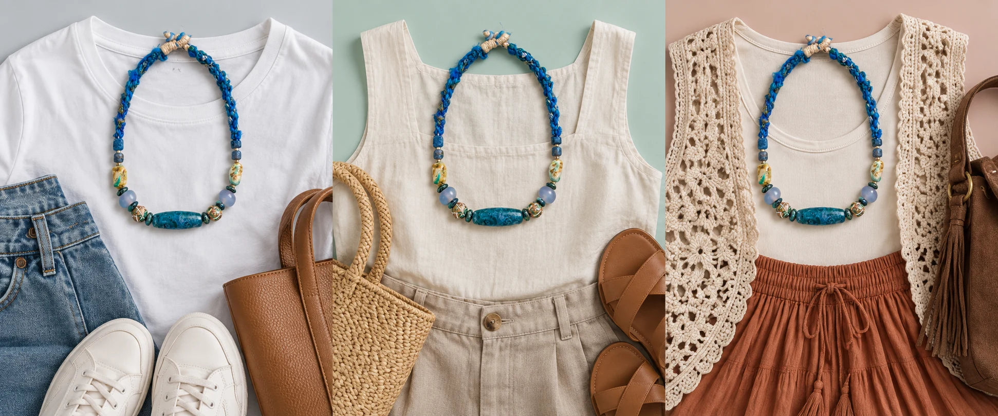 White cotton, easy denim — The Confluence #40 | Moss Agate Dzi-Form & Natural Turquoise Necklace
