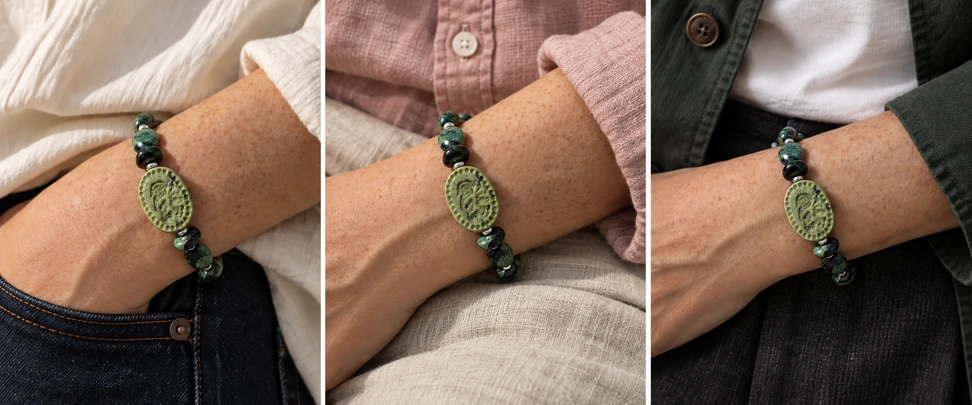 Cream cotton and deep green stone. — The Greenkeeper #58 | Green Jasper Scarab Bracelet