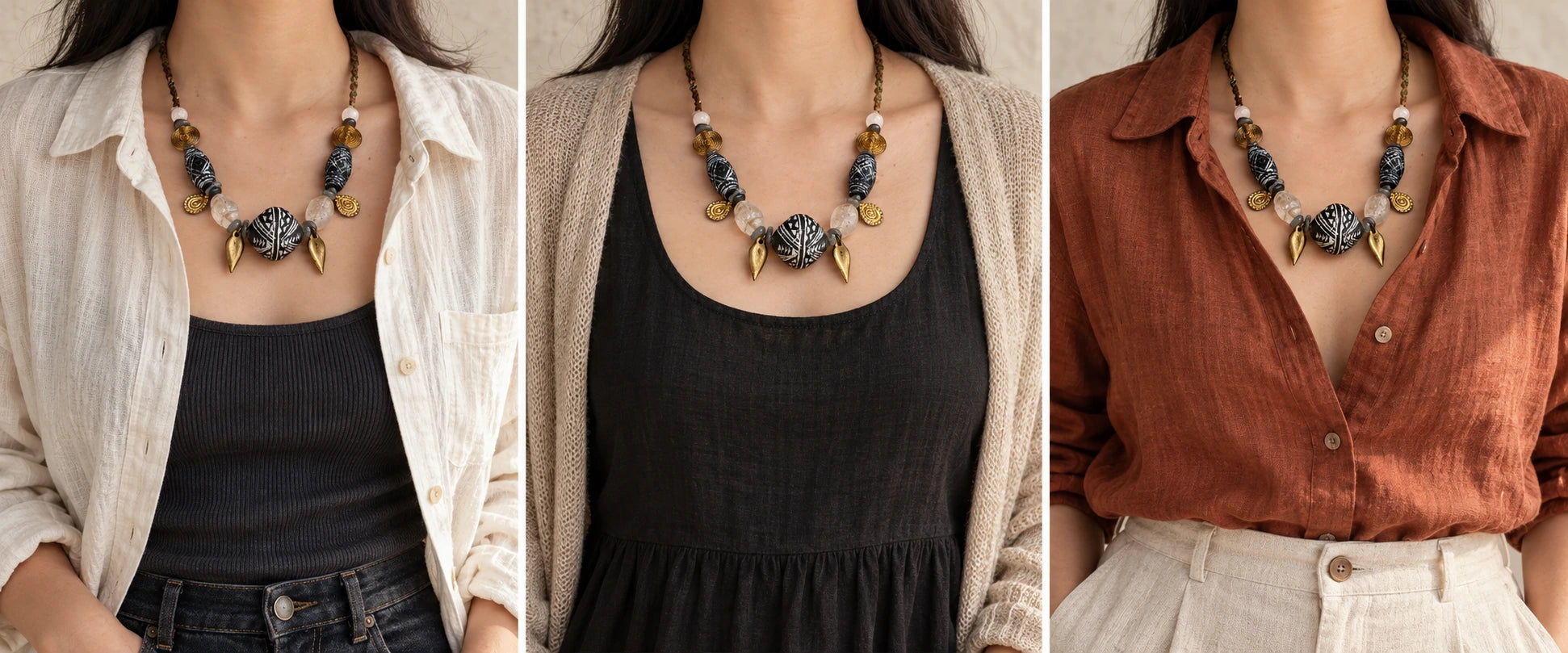 Ivory cotton, charcoal rib. — The Inkweave #59 | Carved Clay & Quartz Necklace