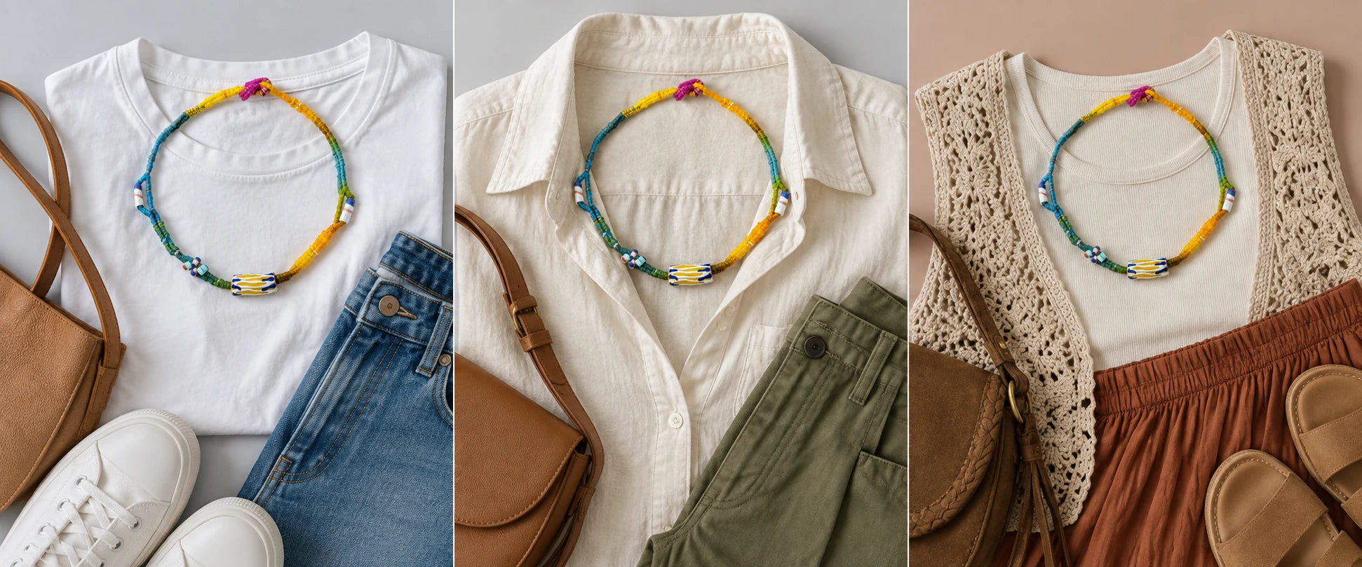 White cotton, easy denim — The Nomad #05 | African Trade Bead Wrap Bracelet & Choker
