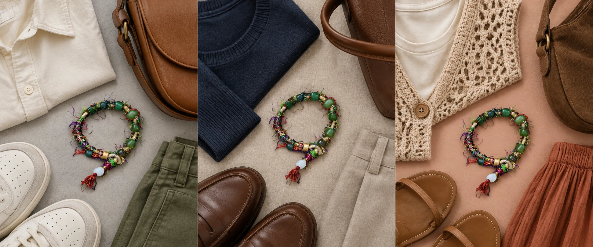 Cream cotton, olive tones — The Gaia #14 | Hetian Green Jade & Silk Energy Bracelet