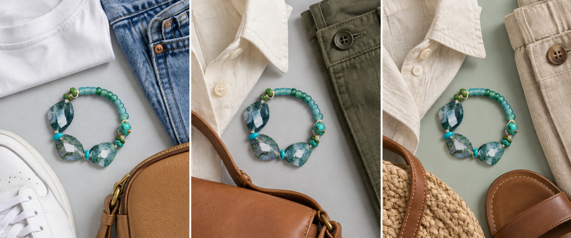 White cotton, easy denim — The Cultivator #18 | Moss Agate Abundance Bracelet