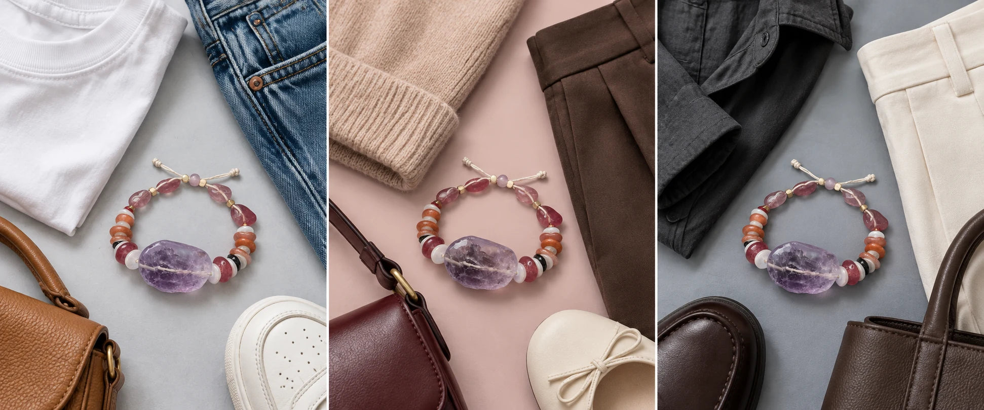 White cotton, easy denim — The Mystic #23 | Himalayan Amethyst Quartz Vision Bracelet