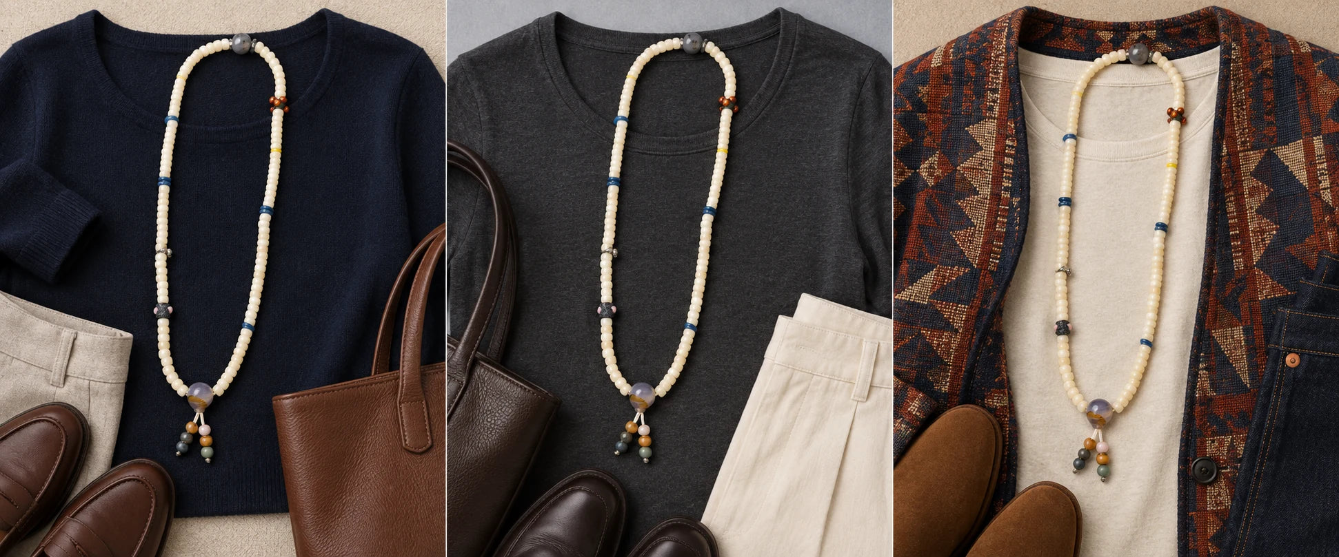 Navy knit, clean lines — The Veil #28 | Camel Bone 108 Mala with Banded Agate & Cultural Markers