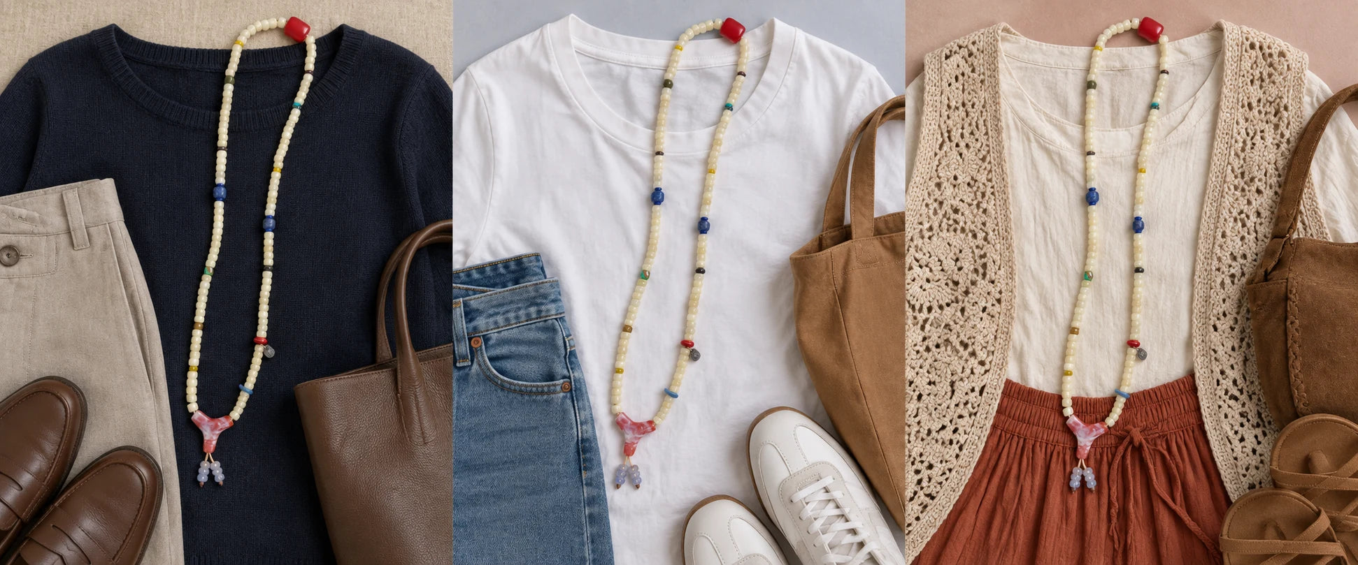 Navy knit, clean lines — The Spark #29 | Camel Bone 108 Mala with Bamboo Coral & Red Agate Guru