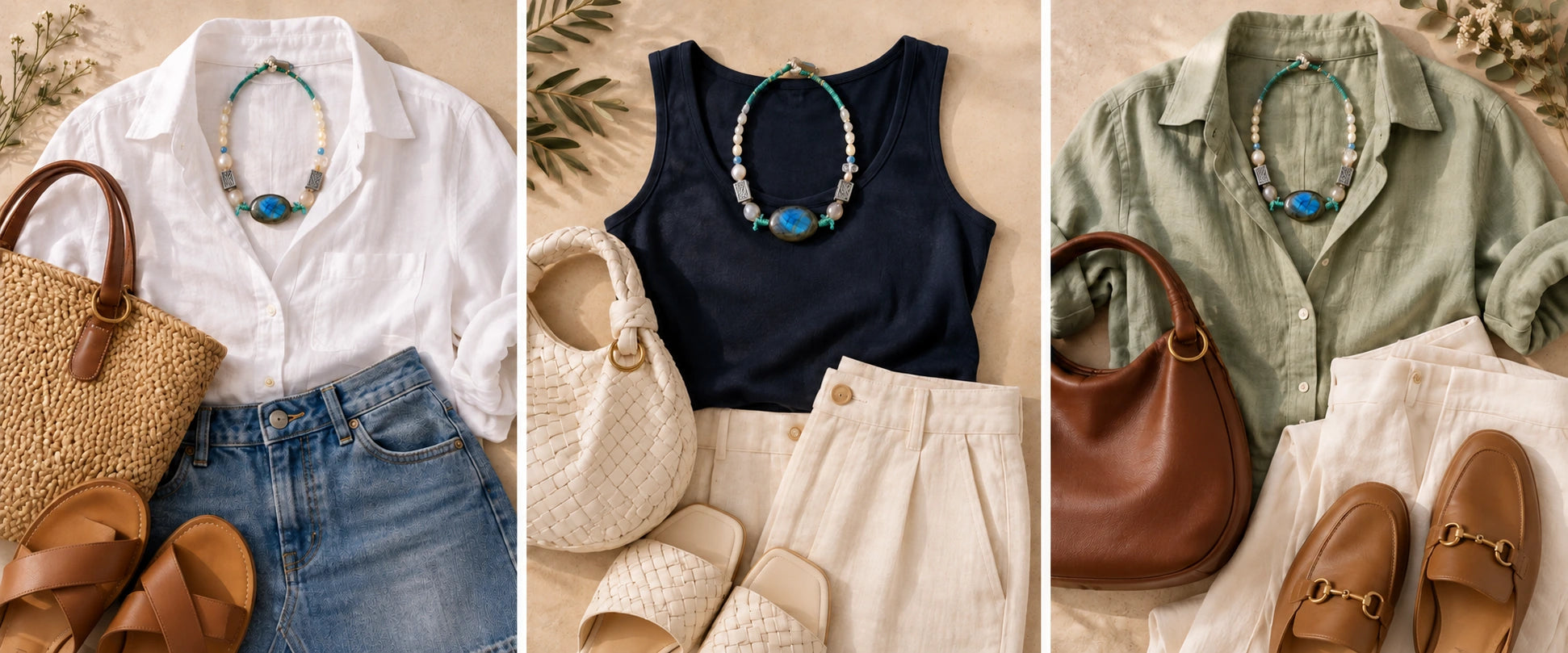 Ivory linen, faded denim — The Moonwake #44 | Labradorite, Pearl & Moonstone Necklace