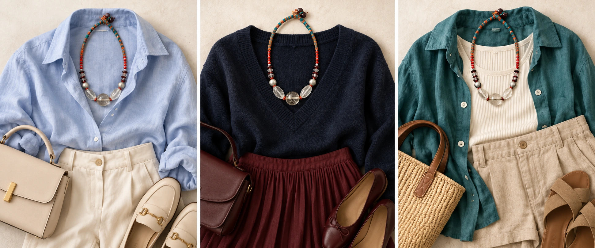Pale blue cotton and cream denim. — The Emberline #47 | Himalayan Quartz & Garnet Necklace