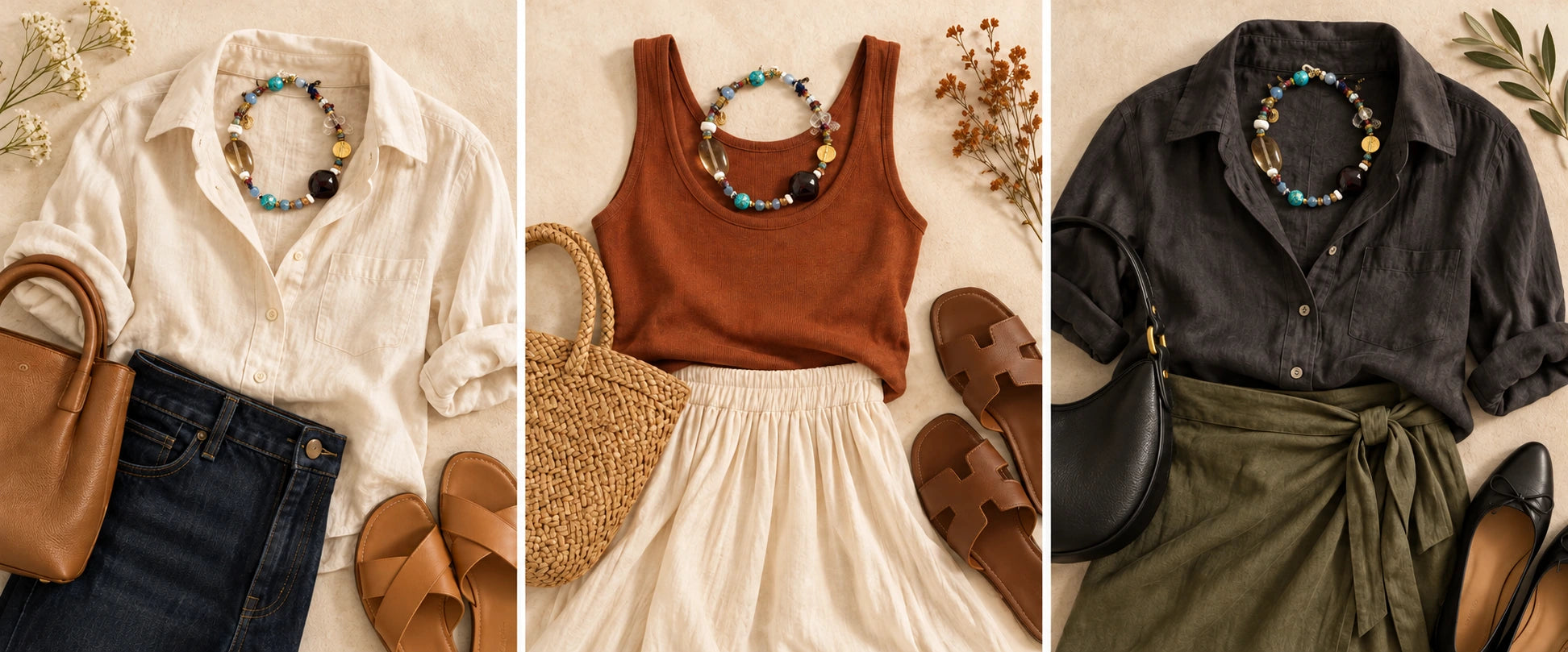 Ivory linen and blue denim. — The Duet #48 | Convertible Stone Bracelets & Necklace