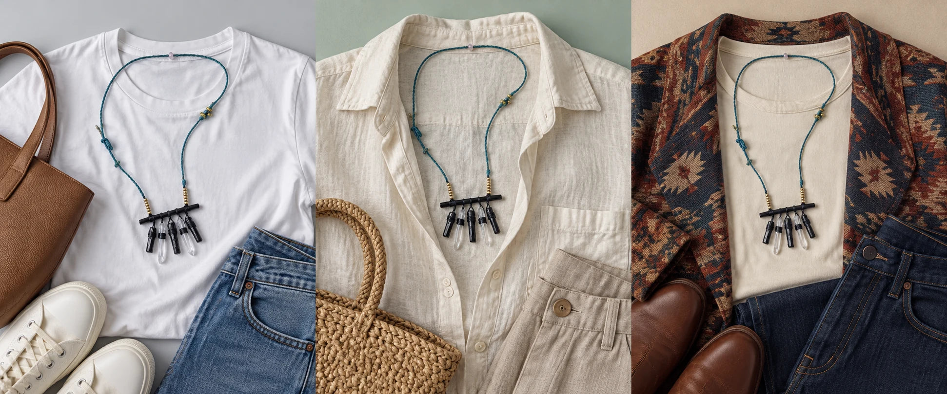 White cotton, easy denim — The Shield #03 | Peruvian Black Tourmaline Necklace