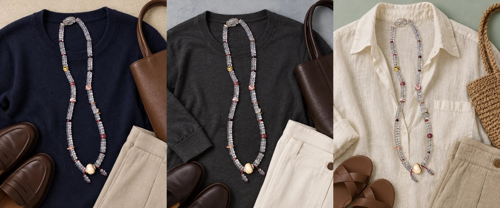 Navy knit, clean lines — The Adept #27 | Himalayan Clear Quartz 108 Mala with Sacred Conch Guru