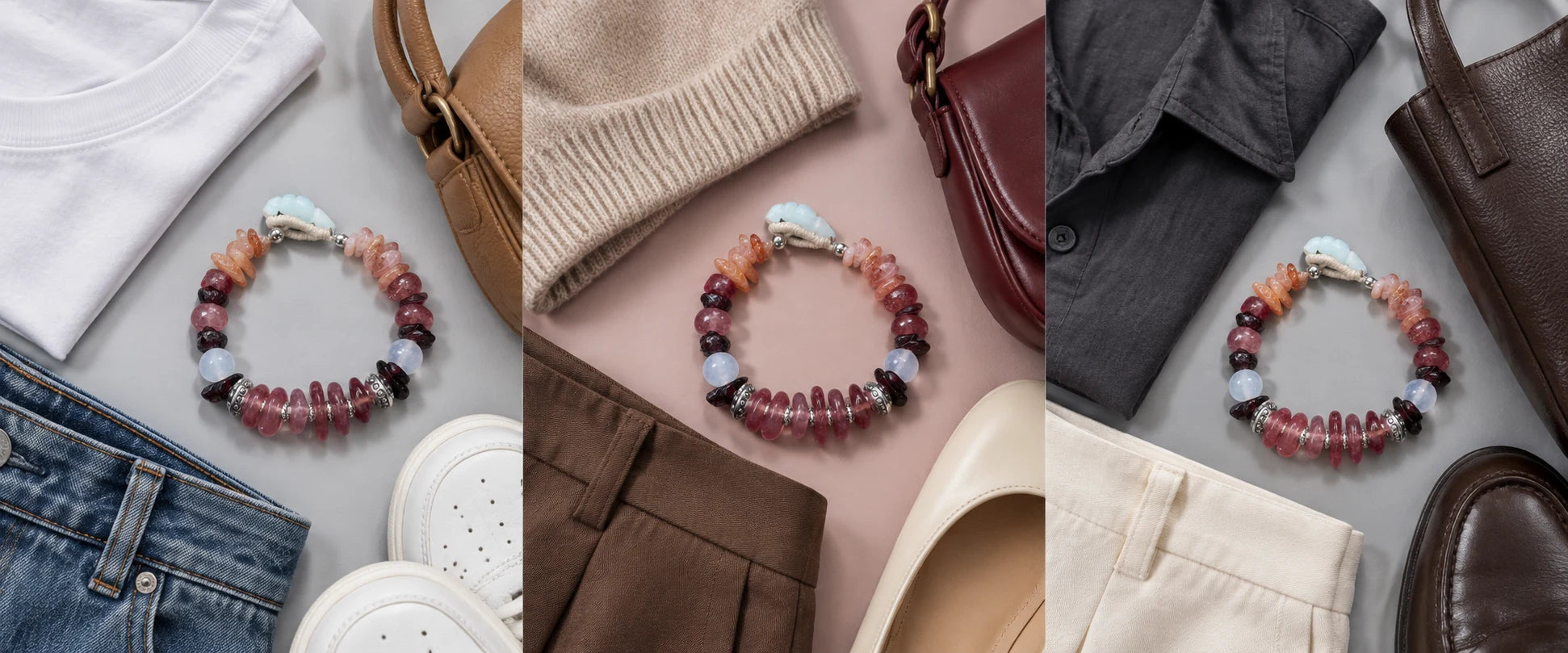 White cotton, easy denim — The Kindling #34 | Strawberry Quartz & Old Mine Garnet Bracelet