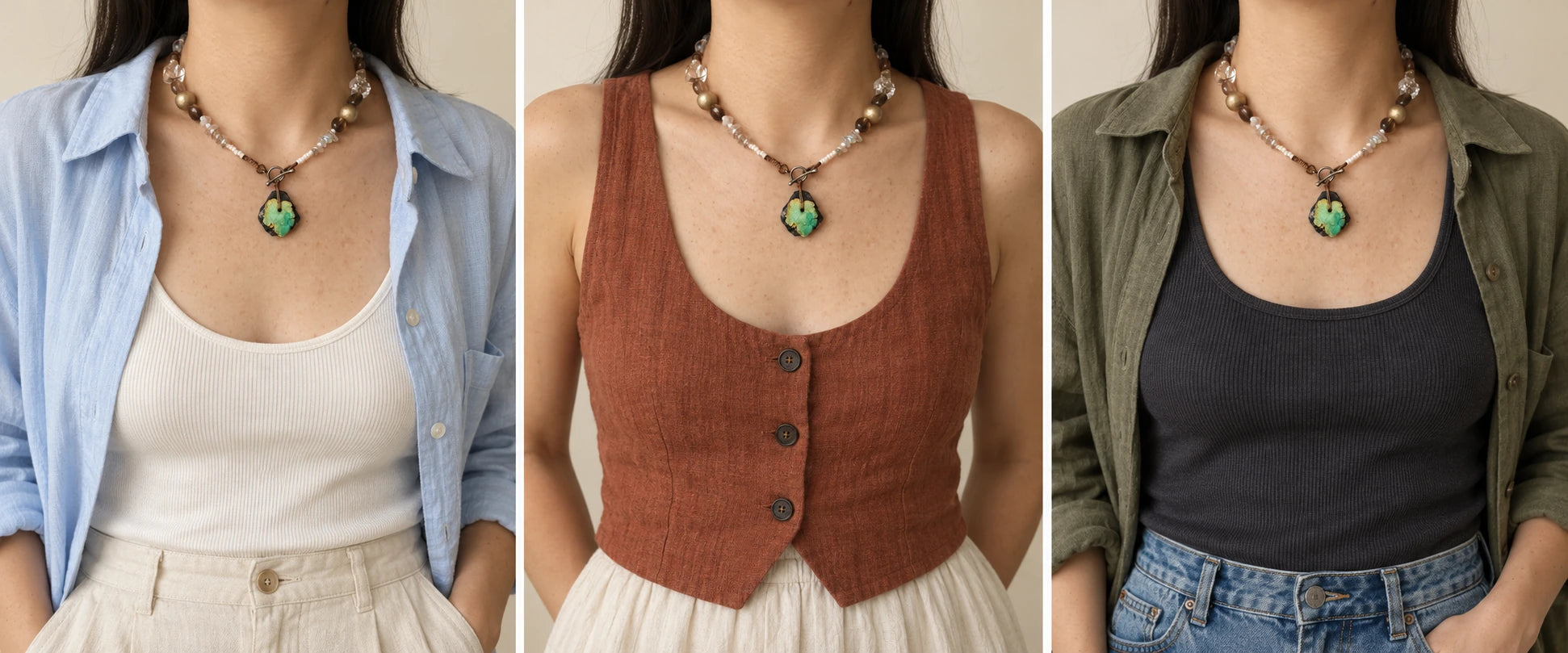 Blue cotton, ecru linen. — The Tidepool #50 | Natural Turquoise & Quartz Necklace