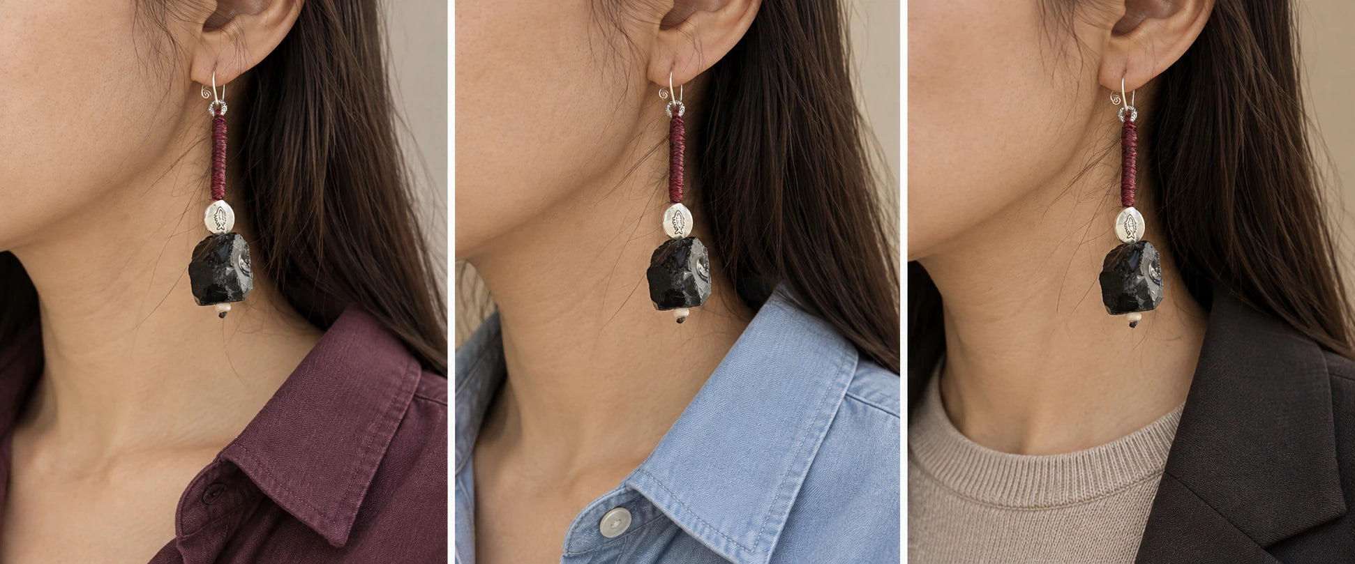 Plum linen and black obsidian. — The Nightglass #53 | Black Obsidian Drop Earrings