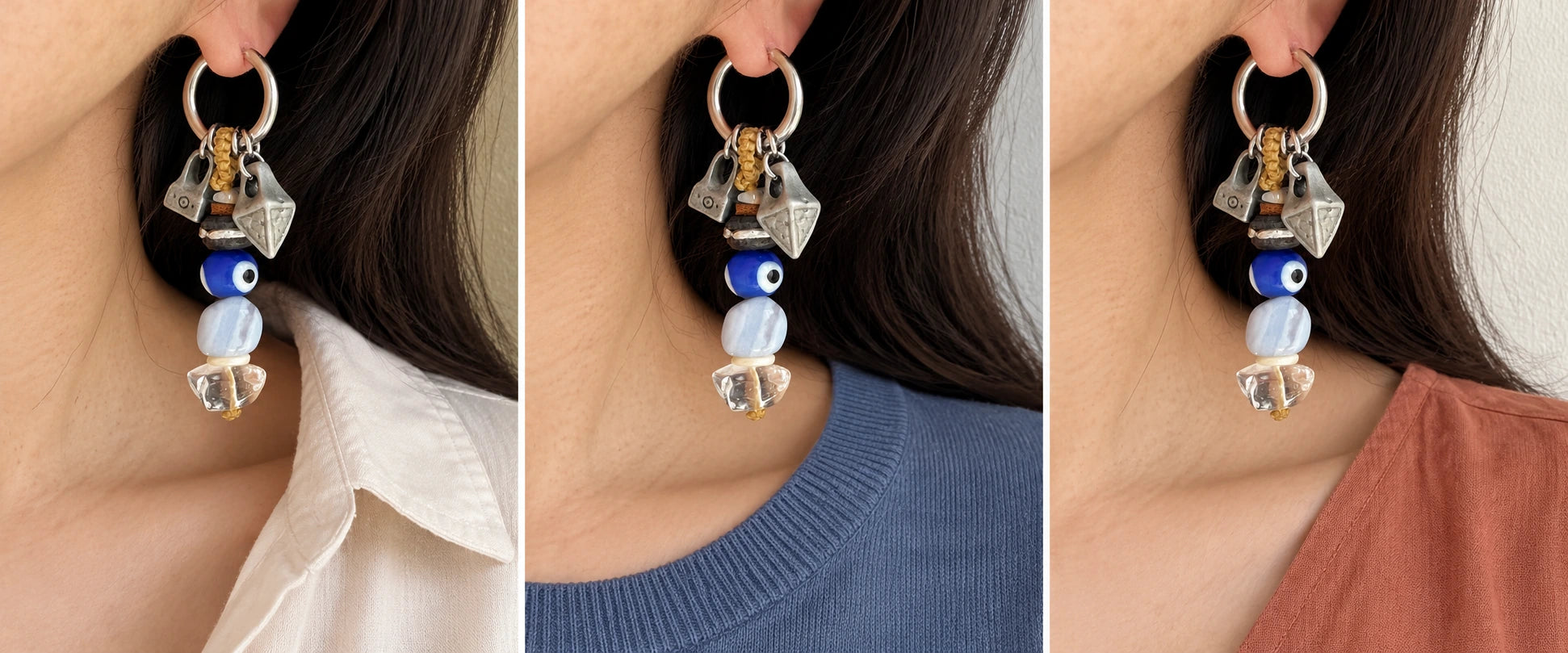 Ecru cotton and two blues. — The Bluewatch #56 | Blue Lace Agate & Quartz Earrings