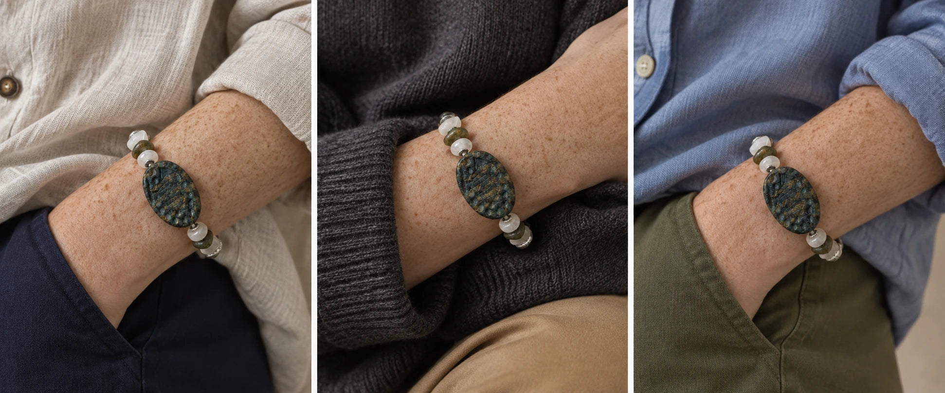 Oatmeal linen, carved green stone. — The Earthscript #57 | Carved Verdite & Quartz Bracelet