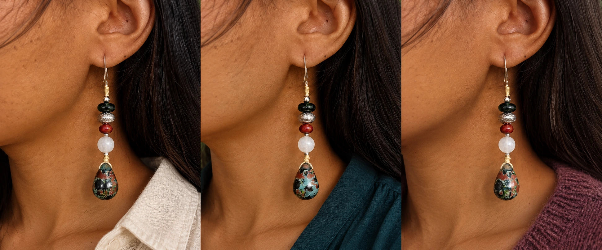 Ecru linen and patterned stone. — The Marissa #60 | Jasper & Moonstone Drop Earrings